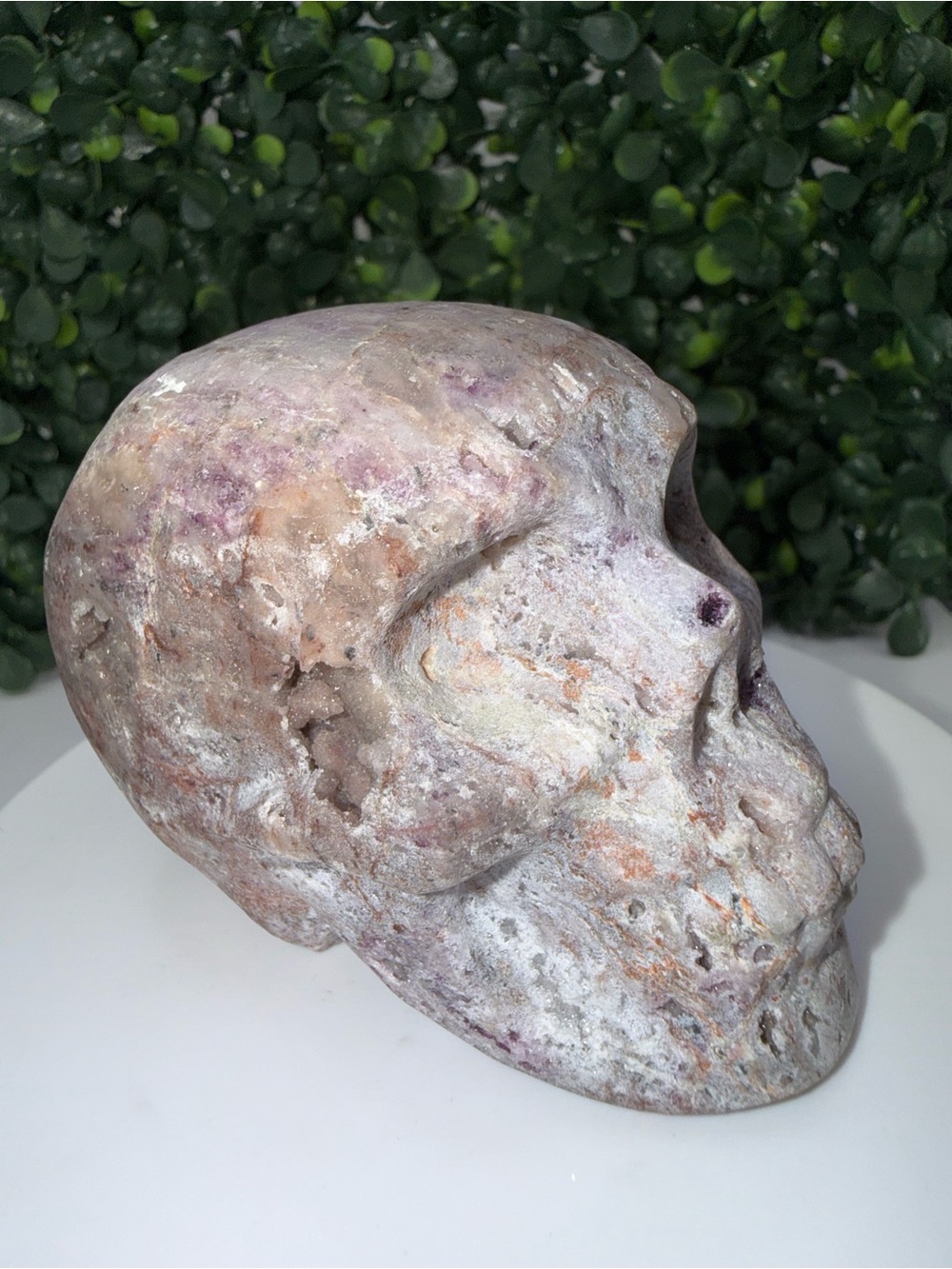 UV Reactive Lepidolite Druzy Crystal Skull Carving | Purple Skull | 370g
